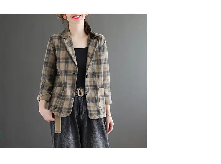 Fashion Chic Cotton Plaid Blazer Female Spring and Autumn New Literary Retro Elegant Commuter Small Incense Wind Jacket Women