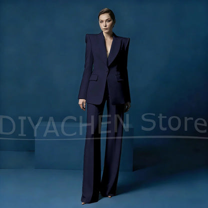 Women's Blazer and Wide-Leg Pants Suit Set Slim Fit One Button Jacket with Peak Lapel Elegant Formal Outfits for Office Party