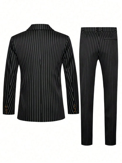 Male Formal Striped Business Suit Spring Autumn Work Office Suit Jacket Pants Wedding Dinner Party Evening Banquet Costume