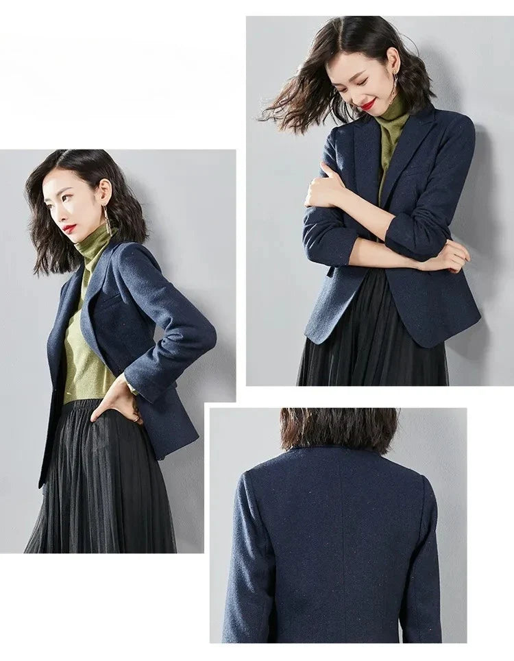 Commute Women's Blazers Autumn Winter Office Lady Solid Jackets Single Button Notched Lapel Woolen Coats Woman V7065