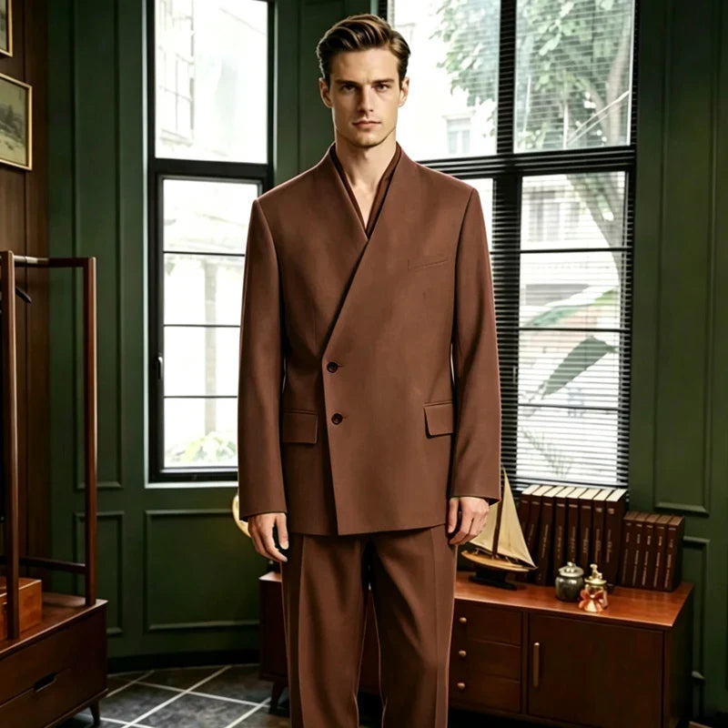 Men's 2-Piece Suit No Lapel Cross V-Neck Loose Blazer & Trousers – Wedding & Formal Occasions