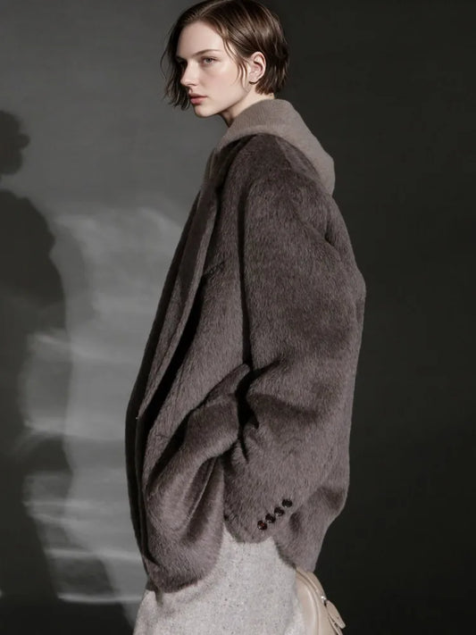 Winter Luxury Women Alpaca Wool Blend Blazers Single Button Loose Suit Jacket Lapel Collar Coat Long Sleeve Casual Outerwear