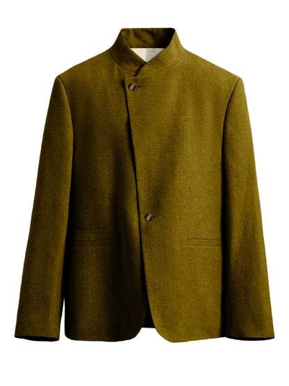  Mandarin Collar Men‘s Blazer Linen Blend Chinese Stand Collar Men Jacket Asymmetric Button Breathable Men Coat Wedding Party