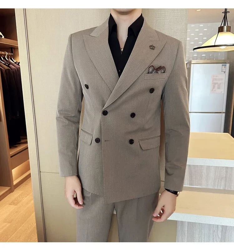 (Blazer + Trousers) Fashion Double Breasted Design Slim Men's Suit Italian Style Luxury Wedding Social Party Tuxedo 2 Piece Set