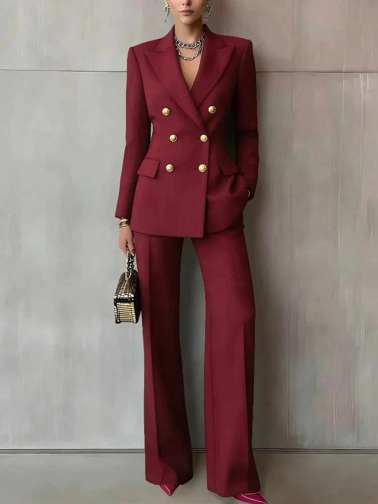 Pure Color Button up Long Sleeve Shirt And Pants Set Formal Streetwear Polyester Spandex Women's Casual Outfit Four Seasons