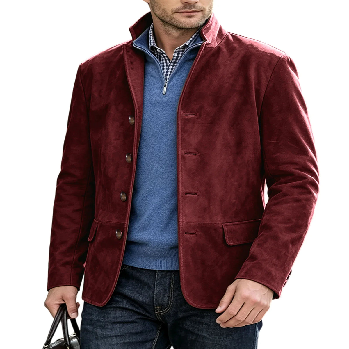 Men's Suede Blazer Single Breasted Slim Fit Classic Stand Collar Suit Jacket for Weddings & Daily Wear