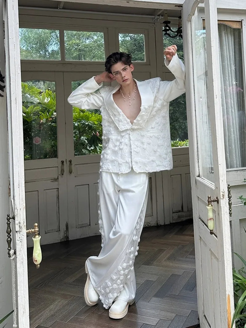 Mens Spliced Flowers Suit Jacket Wide Leg Pants Two Piece Set Loose Fit Spring Summer Designer Elegant Fashion Banquet Suits Set