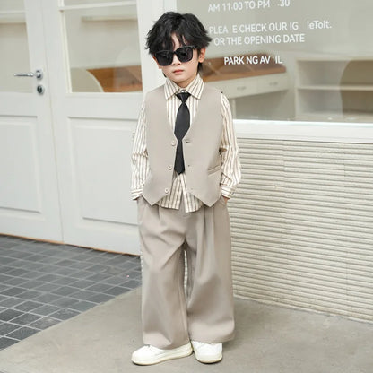 School Boys Double Breasted Blazer Suit Set with Wide Leg Pants Formal Streetwear Outfit for Kids Toddlers Wedding Birthday Part