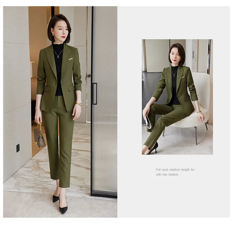 Ladies Blazer And Pant Suit Formal Army Green Khaki Gray Black Solid Women Jacket Trouser Female Business Work Wear 2 Piece Set