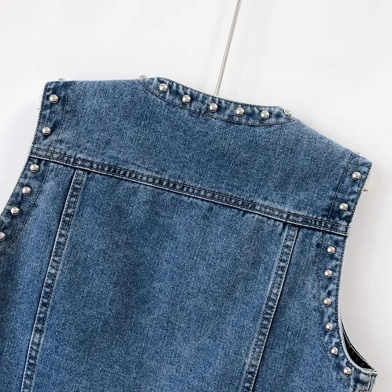 2023 Spring Summer Denim Jacket V-neck Women Vest Coat Female Rivet Sleeveless Short Jeans Jackets Cowboy Waistcoat