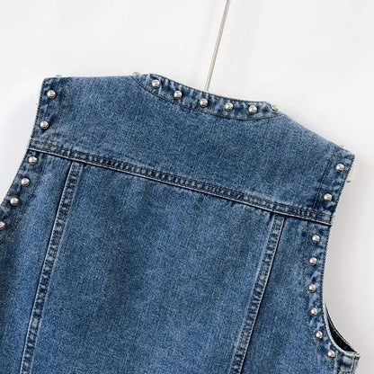 2023 Spring Summer Denim Jacket V-neck Women Vest Coat Female Rivet Sleeveless Short Jeans Jackets Cowboy Waistcoat