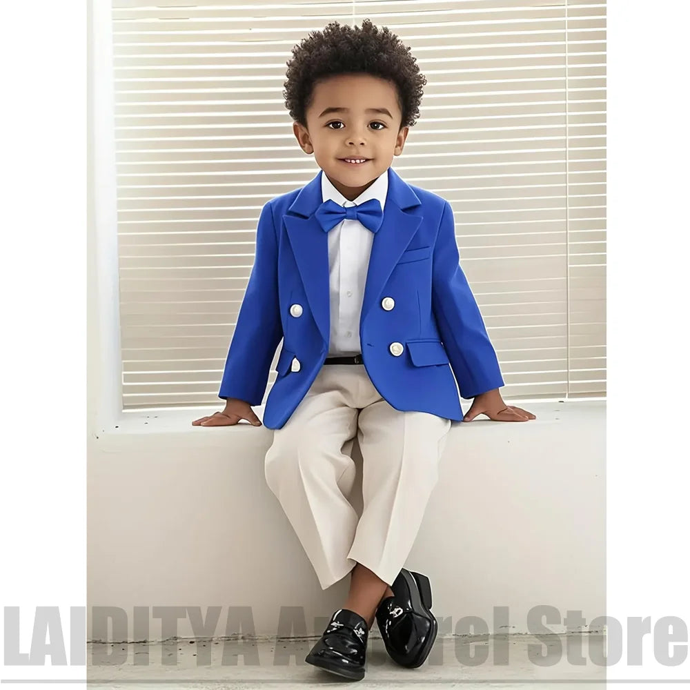 Fashion Boys Double Breasted Suit Blue Jacket Beige Pants Gentleman Outfit For Birthday Party Formal Kids Page Boy Tuxedo