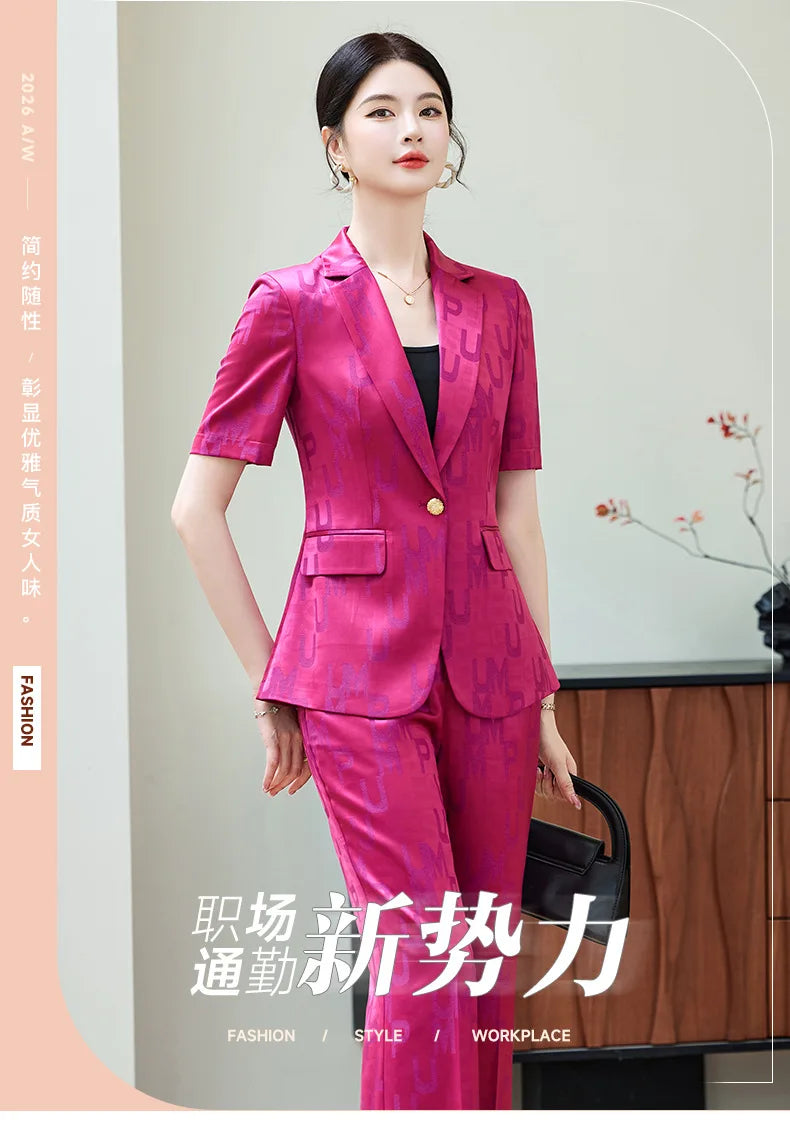 Fashion Letter Print Short Sleeve Professional Suit Women New 2026 Summer Elegant Slim Blazer And Pants Office Ladies Work Wear