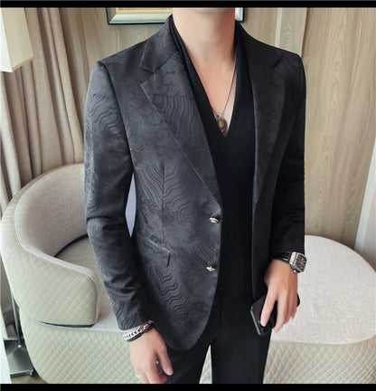 Luxury Jacquard Casual Suit Jacket for Men Autumn Korean Fashion Business Social Blazers Handsome Office Wedding Dress Jacket