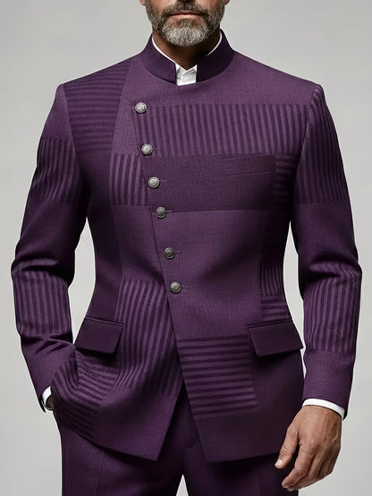Men's Business Grape Geometric Colorblock Stand Collar Asymmetrical Single Breasted Long Sleeve Blazer