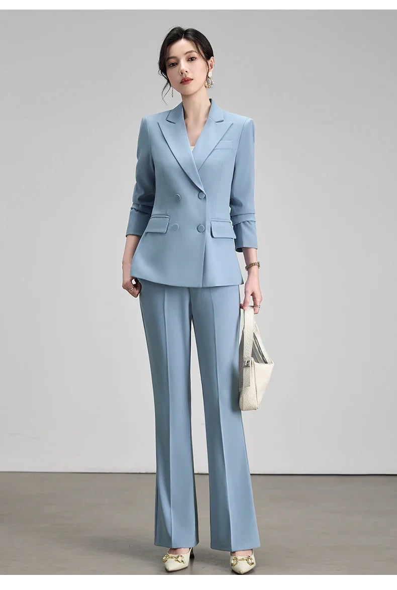 Elegant Chic Business Formal Blazer Suit Pants 2 Piece Matching Sets Women 2026 Autumn Office Lady Outfit Blue Work Wear