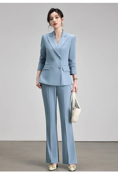 Elegant Chic Business Formal Blazer Suit Pants 2 Piece Matching Sets Women 2026 Autumn Office Lady Outfit Blue Work Wear