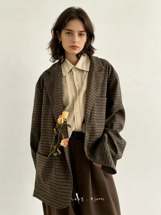 Women's Brown Plaid Blazer Y2k 2000s Vintage Suit Coat Japanese Loose Vintage Casual Check Jacket Outerwear Spring Autumn 2026
