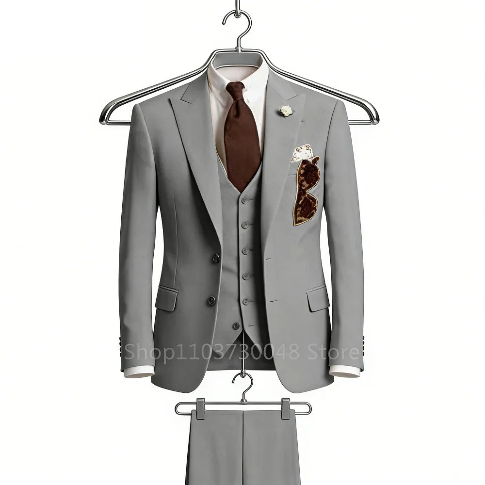 Elegant Gray Men Wedding Party Three Pieces Set Large Size Male Blazer Vest Pant and Vest Fashion Slim Fit Suit