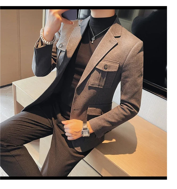 Winter Woolen Suit Jacket for Men Multiple Pockets Slim Fit Casual Business Blazers Masculino Wedding Streetwear Social Coats
