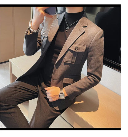 Winter Woolen Suit Jacket for Men Multiple Pockets Slim Fit Casual Business Blazers Masculino Wedding Streetwear Social Coats
