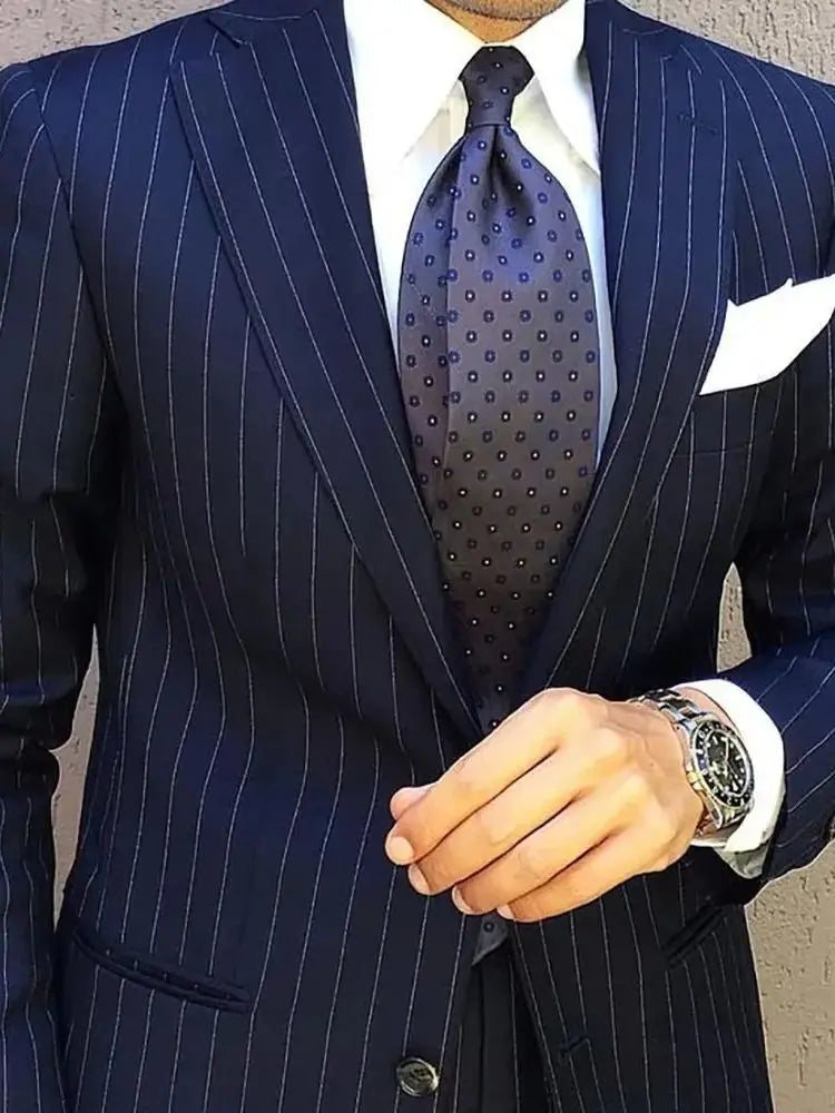 Navy Blue Striped Men Suits Single Breasted Blazer Groom Tuxedos Slim Fit 2-Piece Formal Business Men Clothing Costume Homme