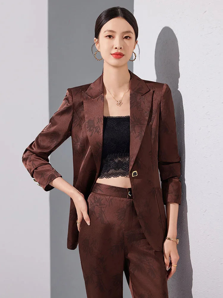 Two-Piece Leaf Print Blazer Pantsuits Set for Women Office Ladies Business Single Buttons Formal Spring Autumn Trousers Suit