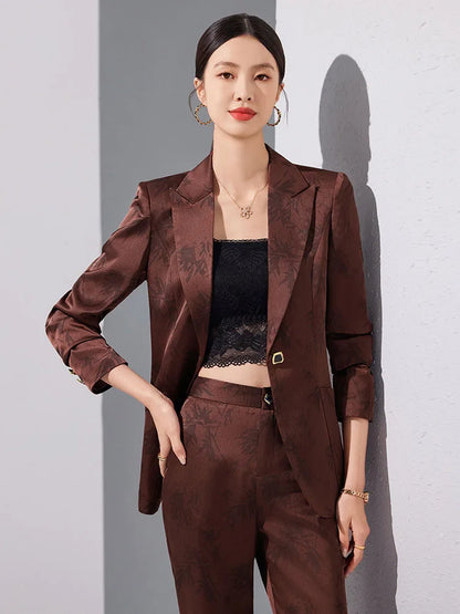 Two-Piece Leaf Print Blazer Pantsuits Set for Women Office Ladies Business Single Buttons Formal Spring Autumn Trousers Suit