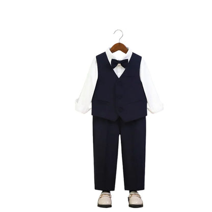 Gentleman Boys 5Pieces Formal Wedding Suit Set With Jacket Vest Pants Bowtie Brooch Kids Birthday Piano Performance Costume