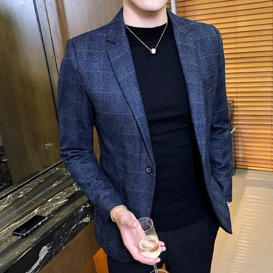 British's Style Vintage Plaid Blazer Men Casual Slim Fit Suit Jacket Single Button Business Social Blazer Plus Size M-5XL Hombre