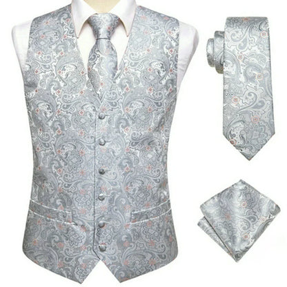 Men's Double Breasted Jacquard Waistcoat Vest Tie Pocket Square Set – Ivory Paisley Wedding & Formal Suit