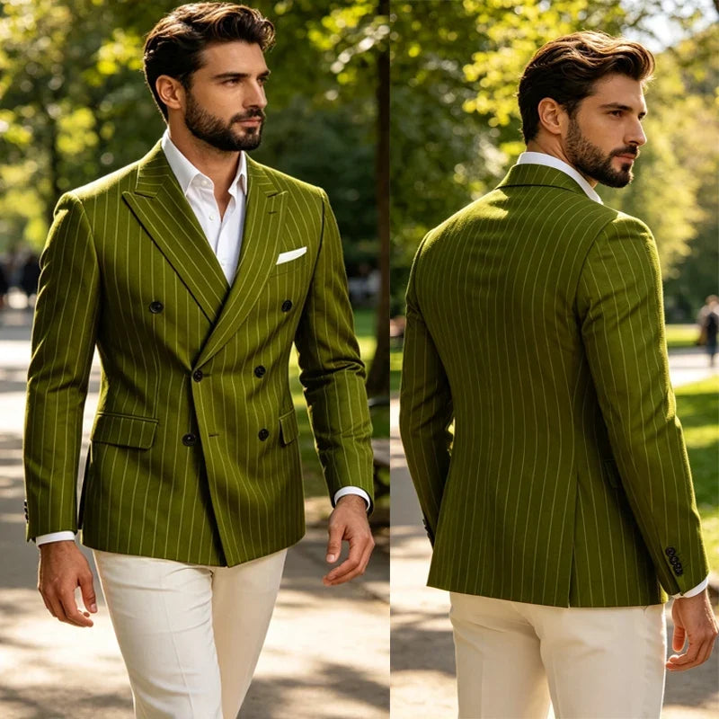 Men Striped Double Breasted Suit Jacket Notch Lapel Business Slim Fit Formal Blazer Elegant Lightweight Dress Coat For Prom Work