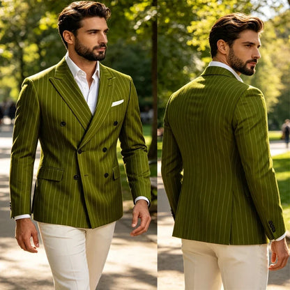 Men Striped Double Breasted Suit Jacket Notch Lapel Business Slim Fit Formal Blazer Elegant Lightweight Dress Coat For Prom Work