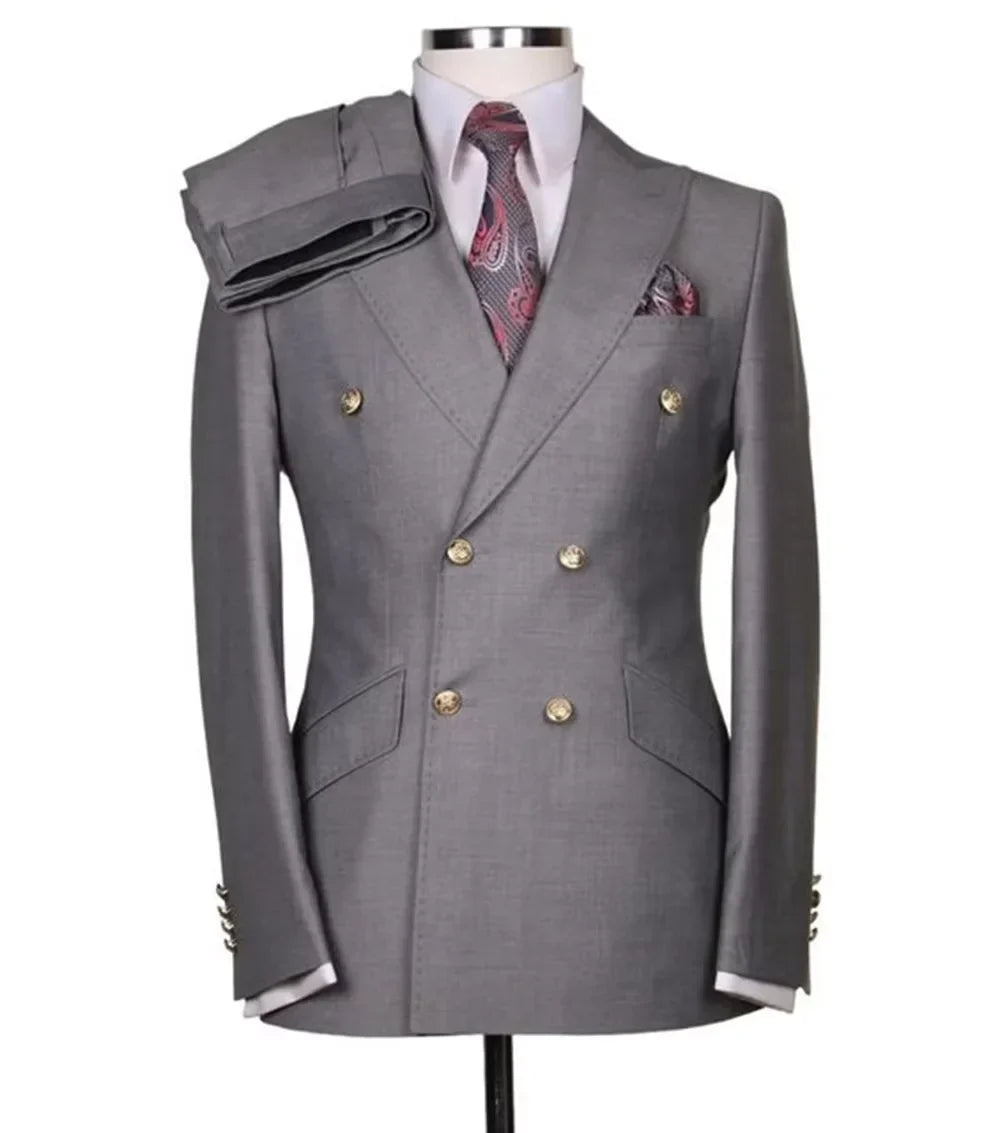 Men's Serge Suit 2 Piece Double Breasted Slim Fit Peak Lapel Gold Button High Quality Formal Blazer Pants Formal Business Weddin