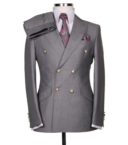 Men's Serge Suit 2 Piece Double Breasted Slim Fit Peak Lapel Gold Button High Quality Formal Blazer Pants Formal Business Weddin
