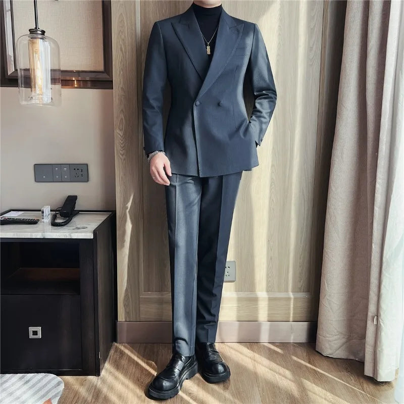 2026 Autumn Double Breasted Men's Slim Fit Business Blazers High-quality Casual Suit Jacket Groom's Wedding Suit Men Clothing