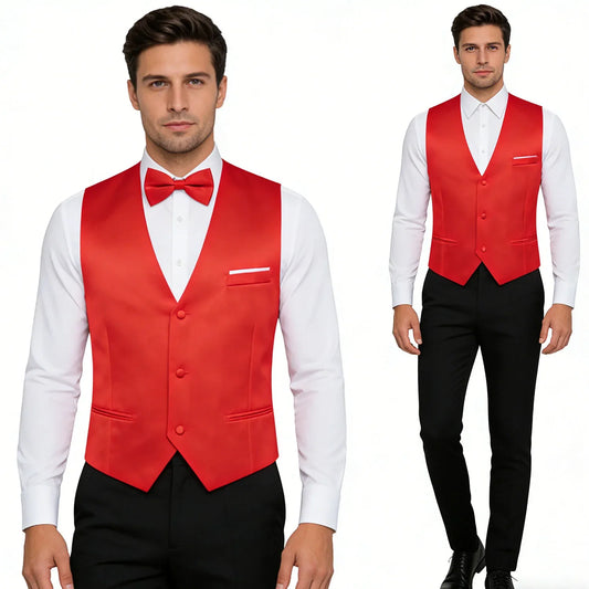 Men's Satin Waistcoat with Matching Bow Tie Set – Multicolor Formal Vest for Weddings & Tuxedo