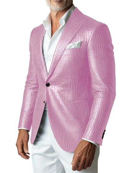 Men's Crocodile PU Leather Blazer Jacket Vintage Single Breasted Suit Coat Fashion Party Wedding Business Casual Outerwear