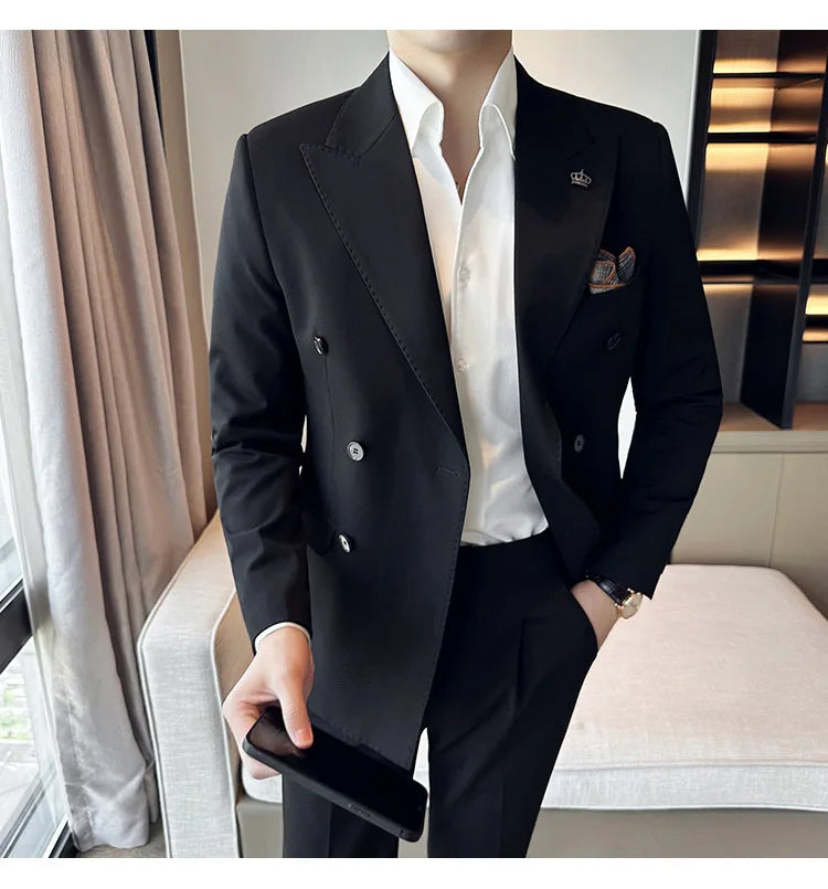 (Blazer + Trousers) Fashion Double Breasted Design Slim Men's Suit Italian Style Luxury Wedding Social Party Tuxedo 2 Piece Set