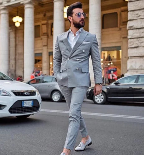 ClassicFashion Double-breasted Men's Light Gray Suit Groomsmen Wedding Party Slim Fit Dress Casual Custom Smoking Pants