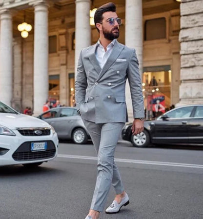 ClassicFashion Double-breasted Men's Light Gray Suit Groomsmen Wedding Party Slim Fit Dress Casual Custom Smoking Pants