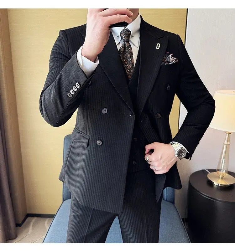 Korean Slim Fitt Wedding Suit Fashion Striped Double Breasted Suit 3 Piece Set Business Formal Casual Party Prom Host Suits