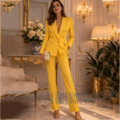Bright Yellow Double Breasted Women Suit Gold Buttons Tailored Blazer Pants Regular Fit Formal Attire for Party Daily Office