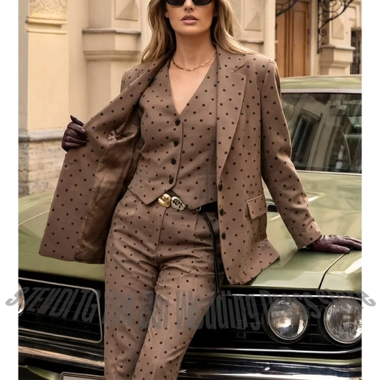 Vintage Dot Women Suit Three Piece Notched Lapel Blazer Single Breasted Slim Fit Retro Daily Street Casual Matching Outfit Set