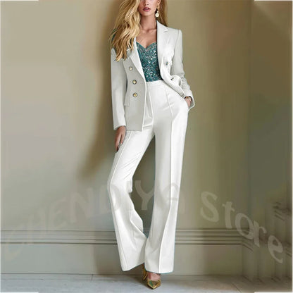 Solid Color Suit For Women High Quality Double Breasted Two Piece Notch Lapel Slim Fit Elegant Fashion Female Outfit Jacket Pant