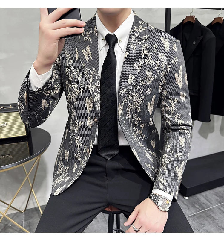 High-end Luxury Printed Slim Fit Suit Jacket For Men 2024 Autumn New Fashion Social Party Casual Suit Coat Swallowtail 4XL-M