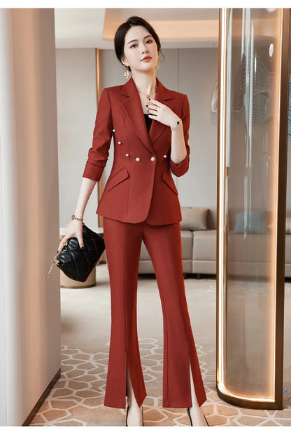 Office Lady Formal Blazer Pants Suits 2 Piece Matching Set Conjuntos Para Mujeres Plus Size Jacket Split Flare Pants Sets New