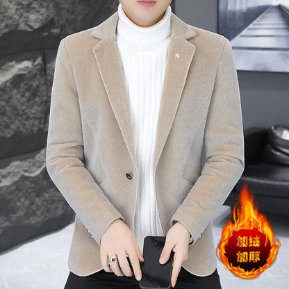 Blazer Autumn/Winter Golden Sable Velvet and Cotton Thickened Thermal Small Suit Fashion Business Men's Slim Blazer