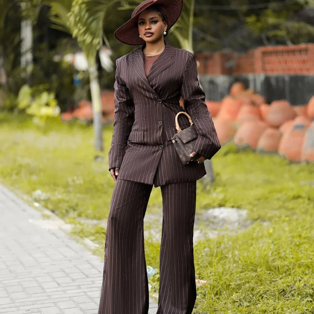 Elegant Women's Brown Pinstripe Suit Vintage Formal Evening Party 2 Piece Matching Sets Notch Lapel Single Breasted Jacket Pants