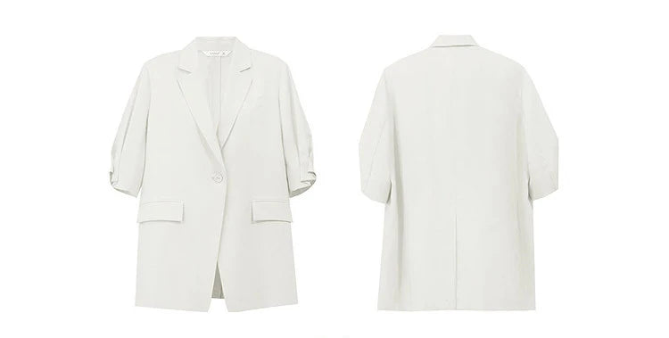 Women's Blazer 2026 Summer New Notch Lapel Linen Blend Pleated Half Sleeve Jacket Casual Office Midi Length Coat 12642184